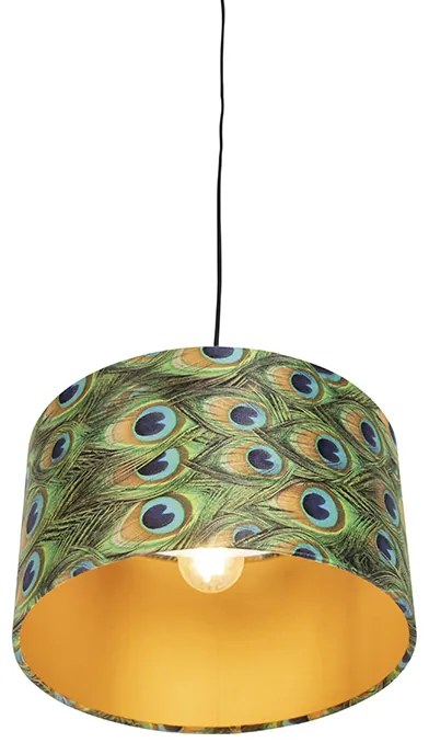 Candeeiro de suspensão com abajur de veludo azul-petróleo com dourado 35 cm - Combi