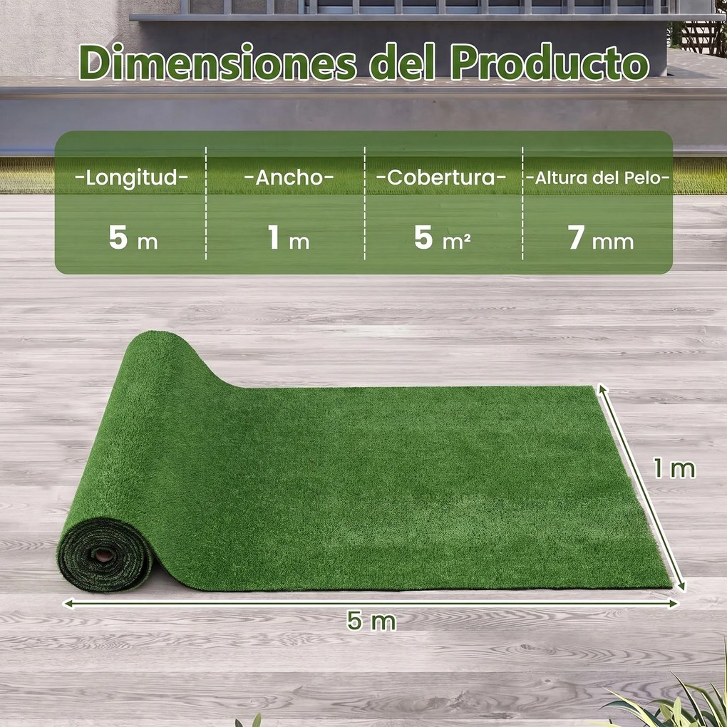 Relva Artificial para Terraço altura 7 mm, 5 x 1 m, Jardim e Interior, Resistente ao Desgaste, Verde