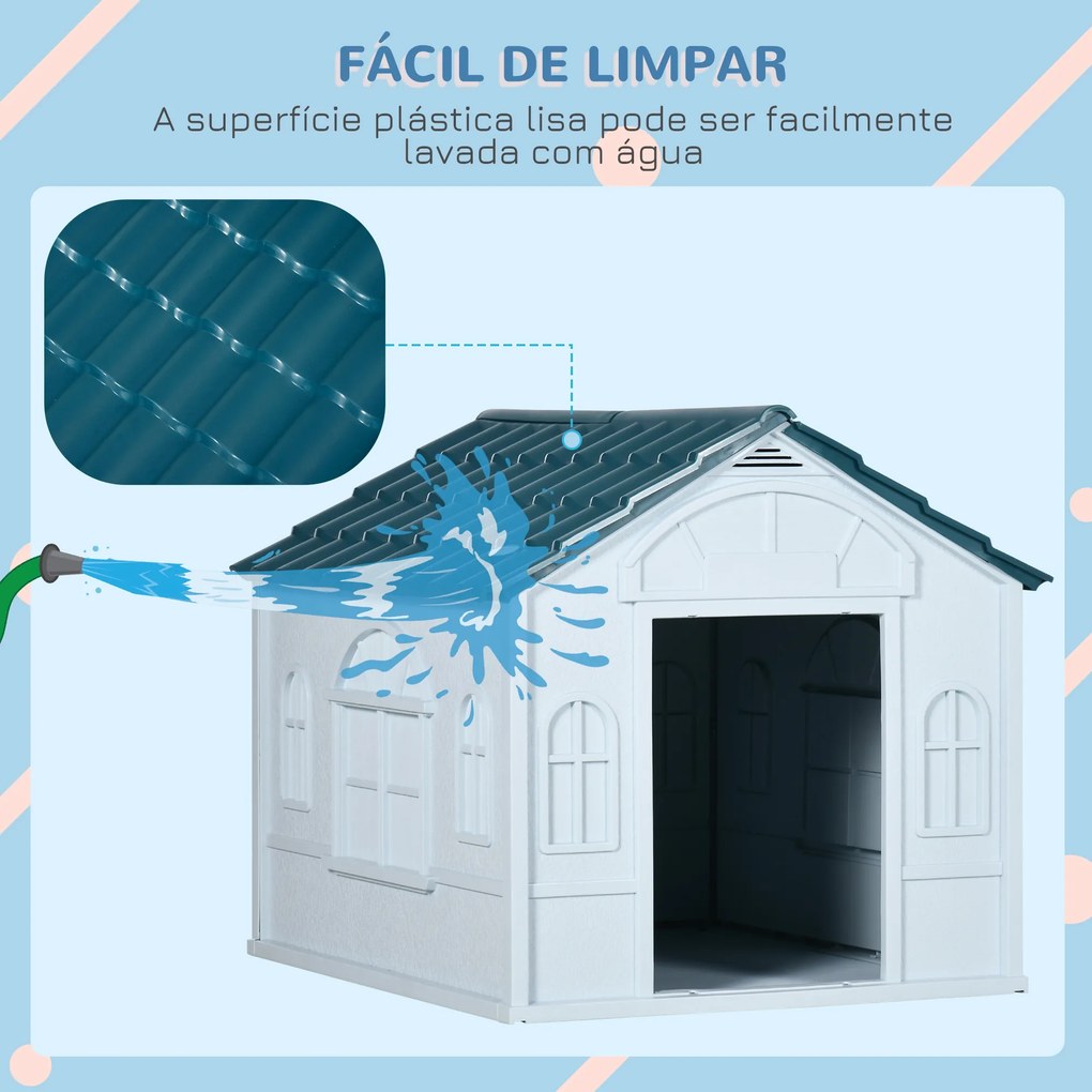 Casota para Cães 65x75,7x63 cm Casa para Cães com Janelas e Teto com Telhas de Imitação para Cães Médios Azul e Branco