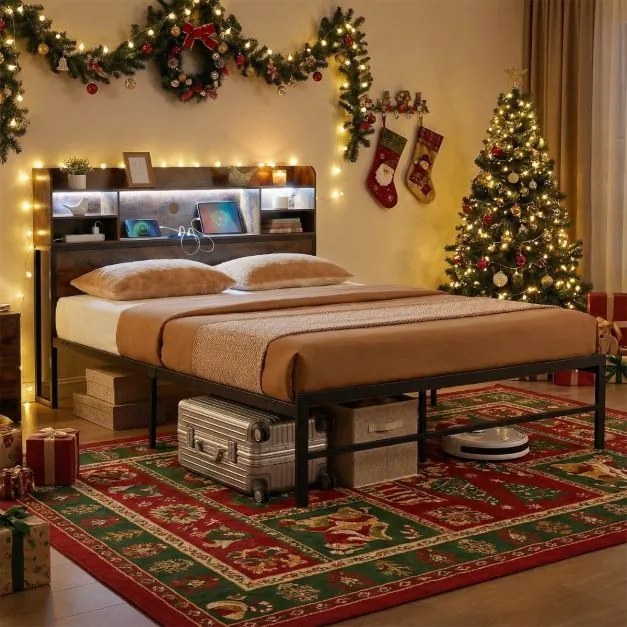 Estrutura cama 200 x 140 cm (COLCHÃO NÃO INCLUIDO) com Luzes LED e Estação de Carregamento 16 Cores 4 Modos Castanho Rústico e Preto