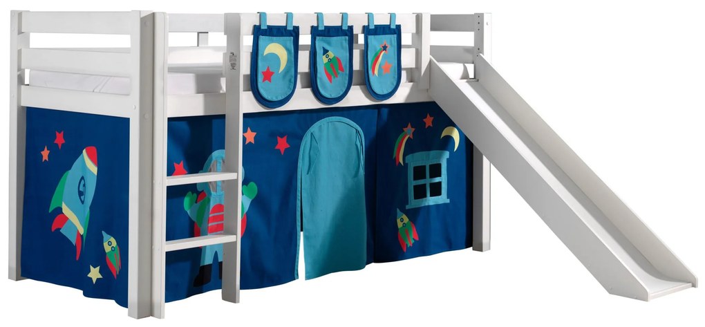 Conjunto Cama alta de Criança PINO 90 x 200 cm + estrado + escada + escorrega + cortina + 3 bolsas Astronauta branca