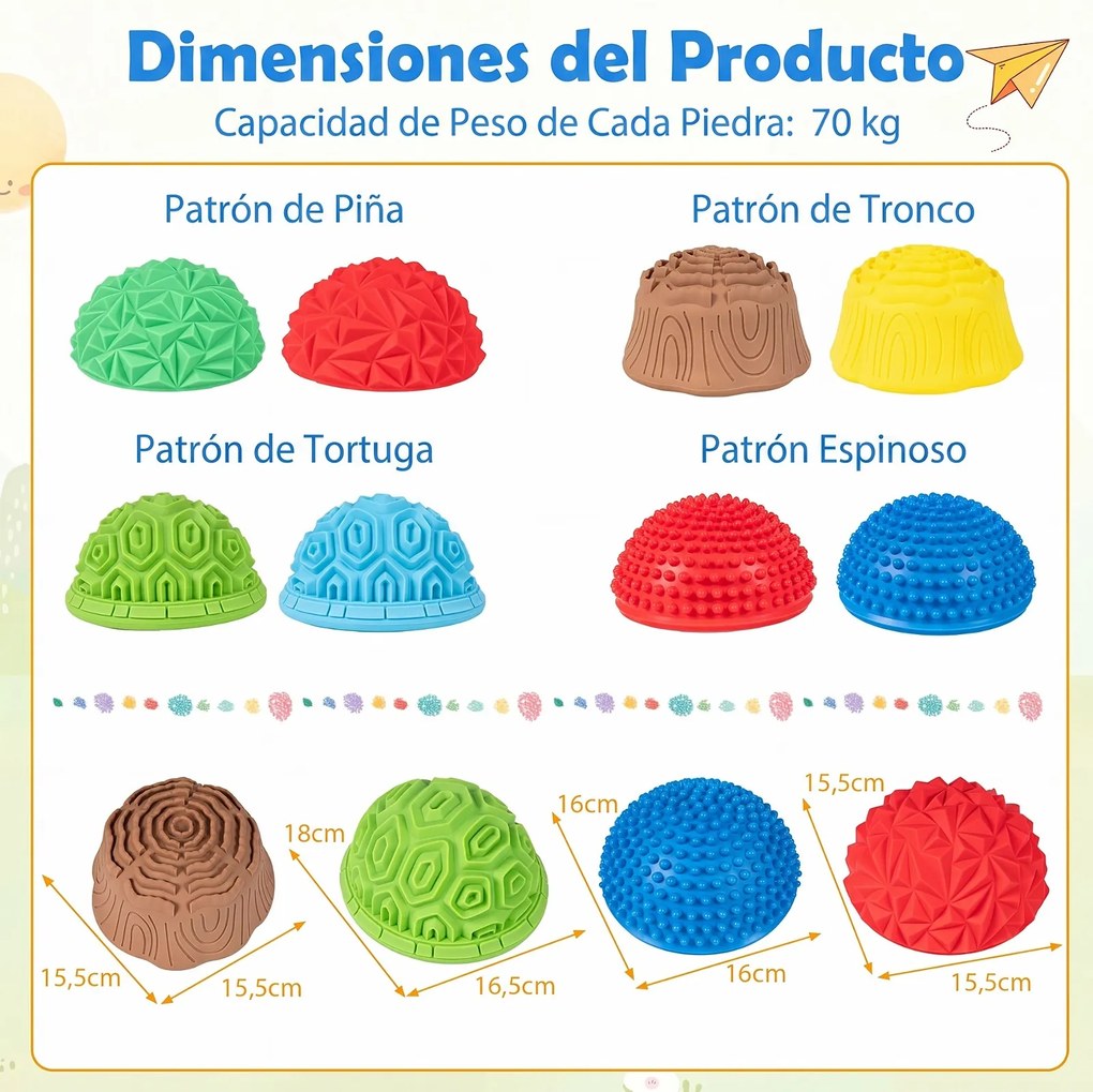 Conjunto de 8 Pedras de Equilíbrio, 4 Texturas Sensoriais, Multicolor