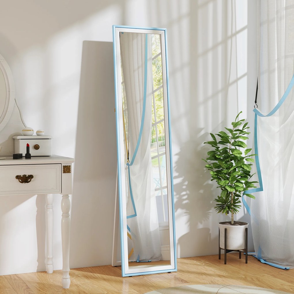 Espelho de Pé 157x37 cm com Moldura em MDF Espelho de Parede Retangular com 2 Formas de Utilização Branco e Azul