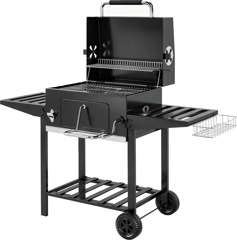 Outsunny Barbecue a Carvão com Bandeja Ajustável, Prateleiras Dobráveis, Rodas, Termómetro, Tampa, Chaminé, Ventilação e Cesto | Aosom Portugal