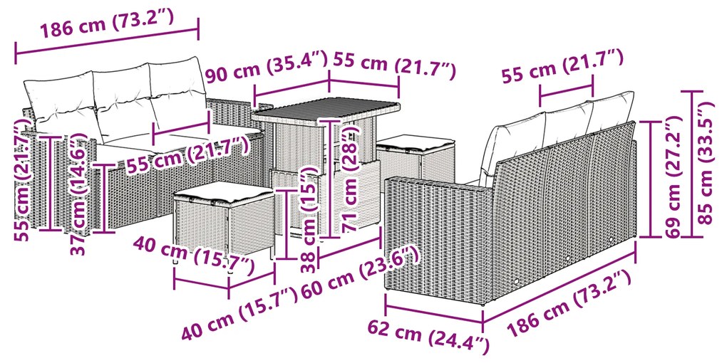 Conjunto de Sofá de Jardim vidaXL de 9 Peças com Almofadas Cinza Ratta