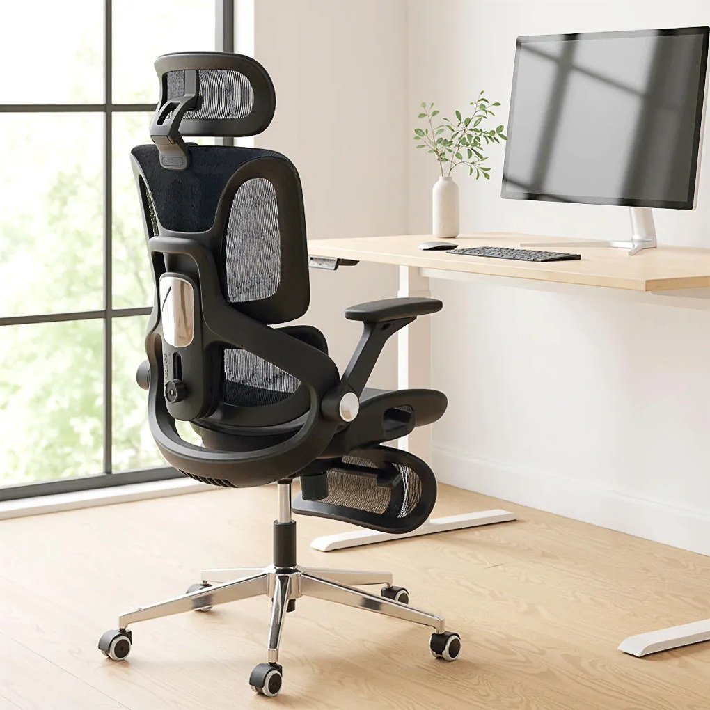 Cadeira de escritório ergonómica com braços 4D, apoio para a cabeça e profundidade do assento ajustáveis, em malha preta
