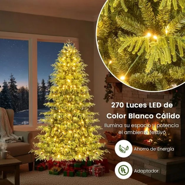 Árvore de Natal artificial de 180 cm (DECORAÇÕES NÃO INCLUIDAS) pré-iluminada com 270 luzes LED brancas quentes 746 ramos de PE e PVC e base verde