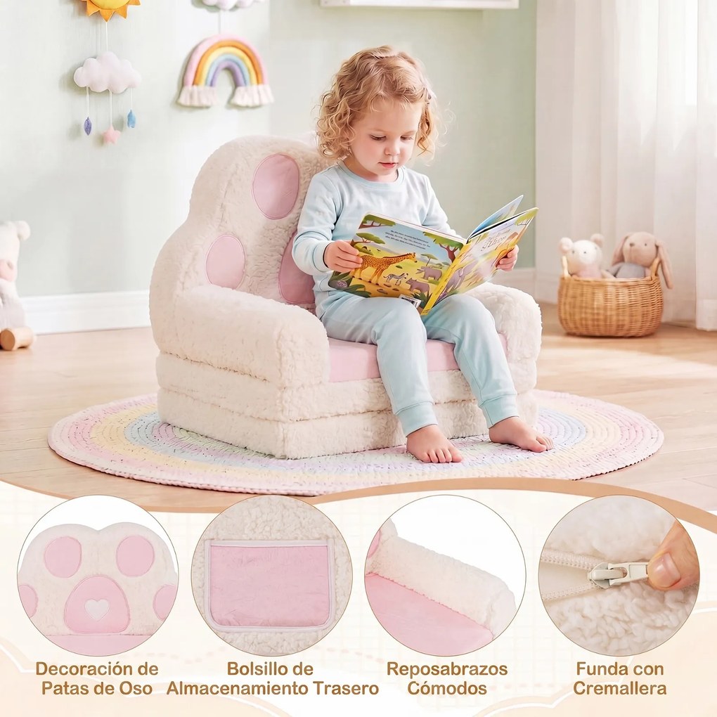 Sofá Infantil em Forma de Pata de Urso, 57 x 44 x 47 cm, Convertível em Colchonete, Rosa