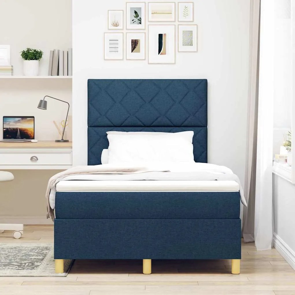 Cama Box Spring com Colchão &amp; LED Azul 120x200 cm Tecido