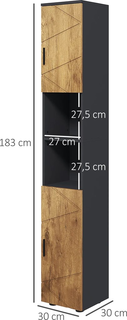 Armário de coluna para casa de banho com 2 portas 30 x 30 x 183 cm,, prateleira ajustável e 2 nichos, cor carvalho e cinzento escuro