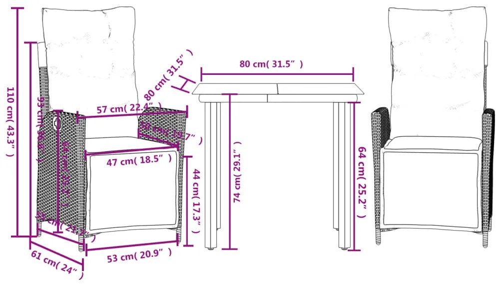 3 pcs conjunto de jantar p/ jardim c/ almofadões vime PE cinza