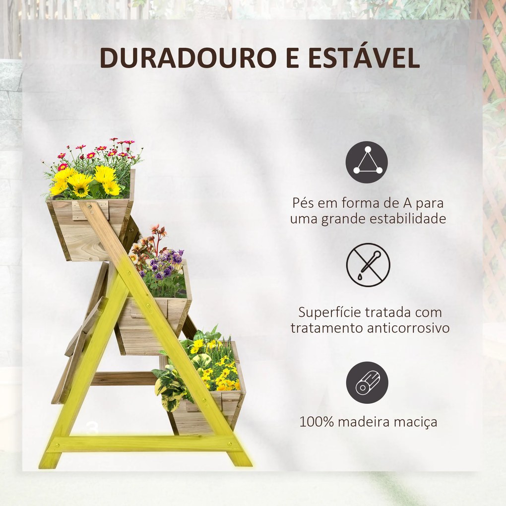 Floreira de Escada de 3 Níveis Horta de Madeira com Tecido não tecido e Orifícios de Drenagem Horta para Plantas Flores Ervas 71x61x77cm Madeira Natur