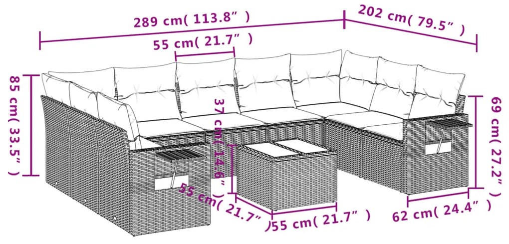 10 pcs conjunto de sofás p/ jardim com almofadões vime PE bege