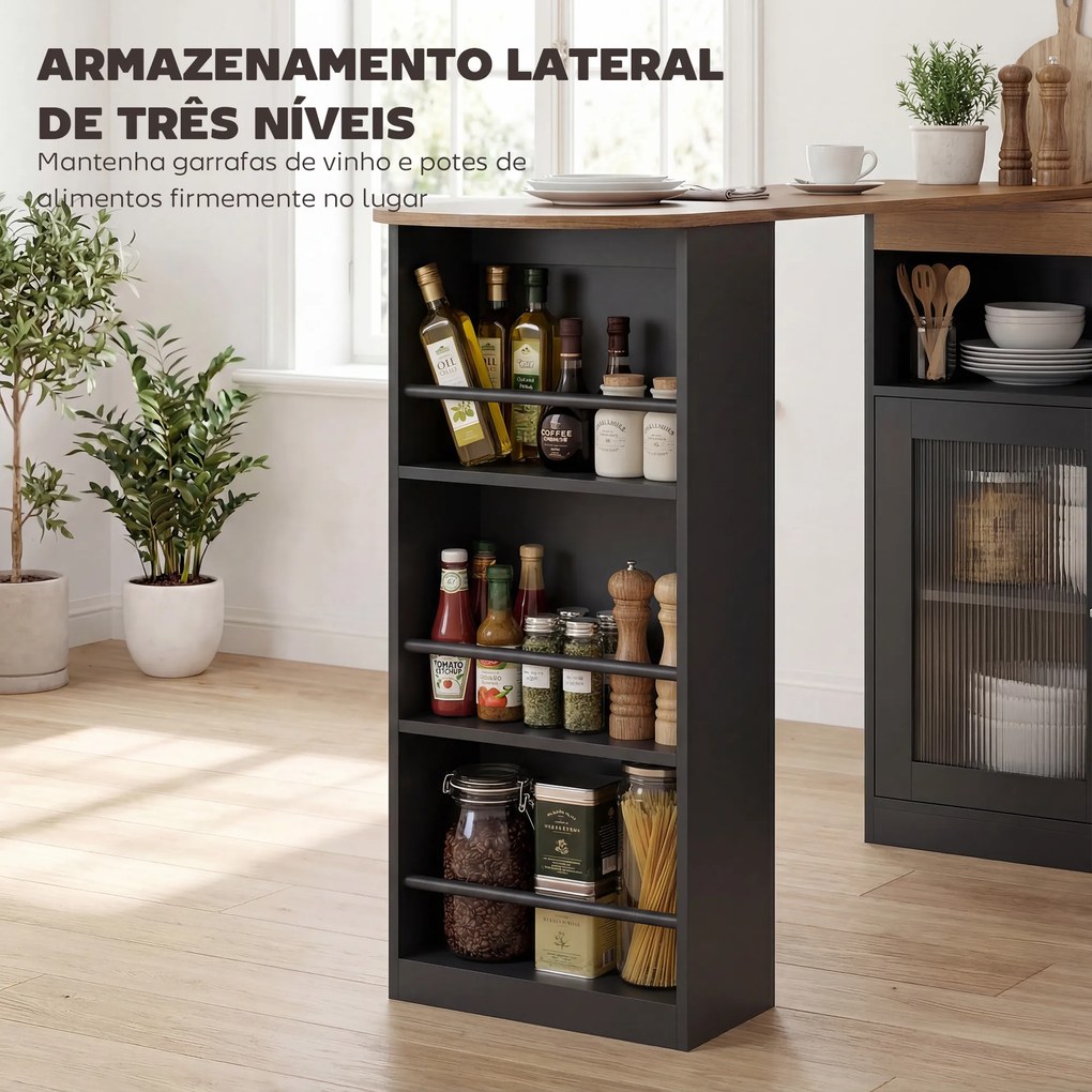 Mesa de Bar Extensível e Giratória 360° com Prateleiras Abertas e 2 Portas de Vidro 150x80x105,5 cm Preto e Madeira