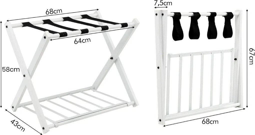 Conjunto 2 estantes de metal para bagagens até 60 kg com 4 correias estáveis e 2 pisos para casa e hotel 68 x 43 x 58 cm Branca