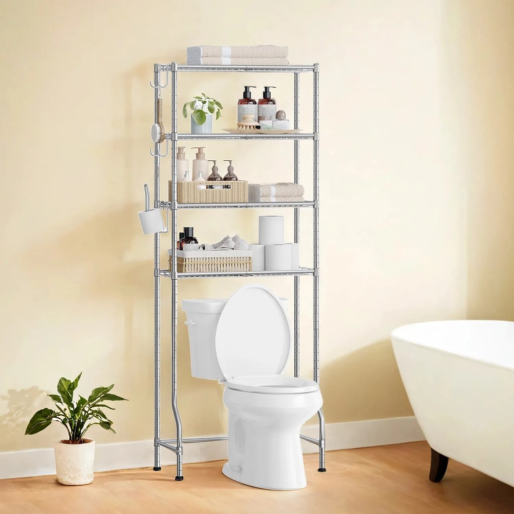 Estante para casa de banho sob sanita 30 x 63 x 176 cm com 4 prateleiras e ganchos, cinzento