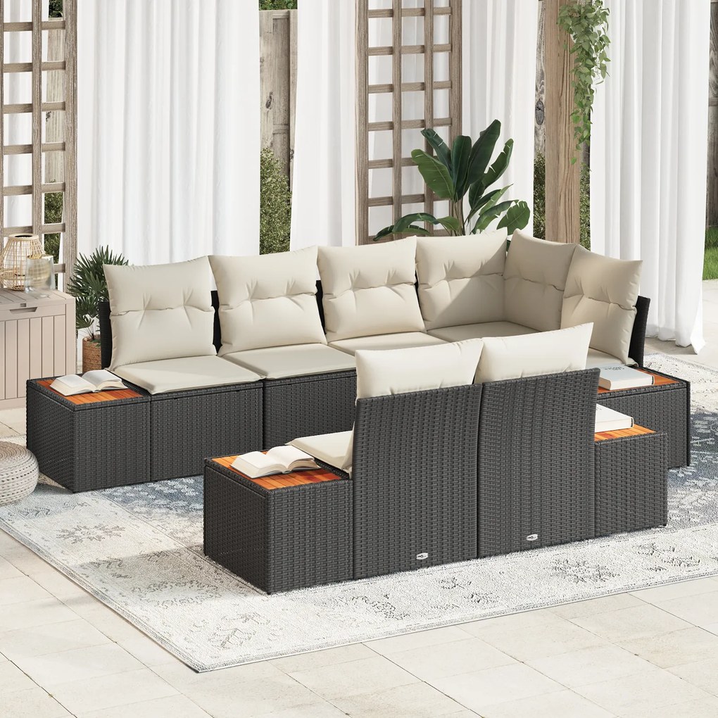 Conjunto de Sofás de Jardim vidaXL 7 Peças com Almofadas Preto Rattan