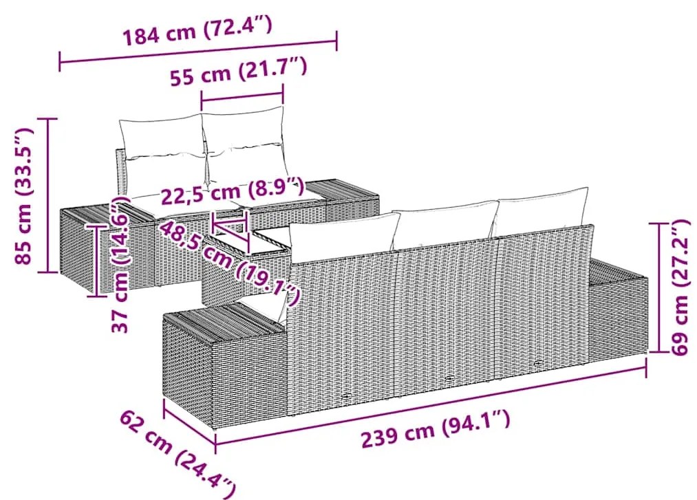 Conjunto de sofás de jardim de 6 peças com almofadas em rattan sintéti