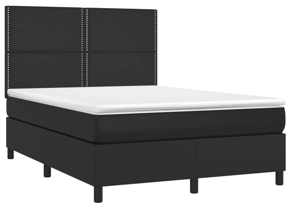 Cama box spring c/ colchão/LED 140x200cm couro artificial preto