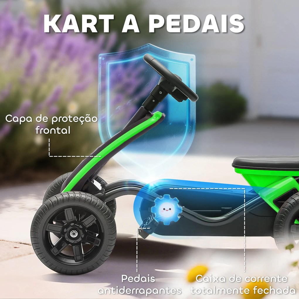 Kart Pedais Kart com Rodas Antiderrapantes de EVA Estrutura Metálica Carga 30 kg para Crianças de 2-5 Anos 85,5x49x57 cm Verde