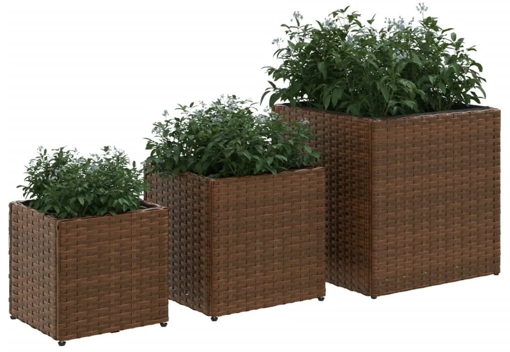 Vasos de jardim 3 pcs vime PE castanho