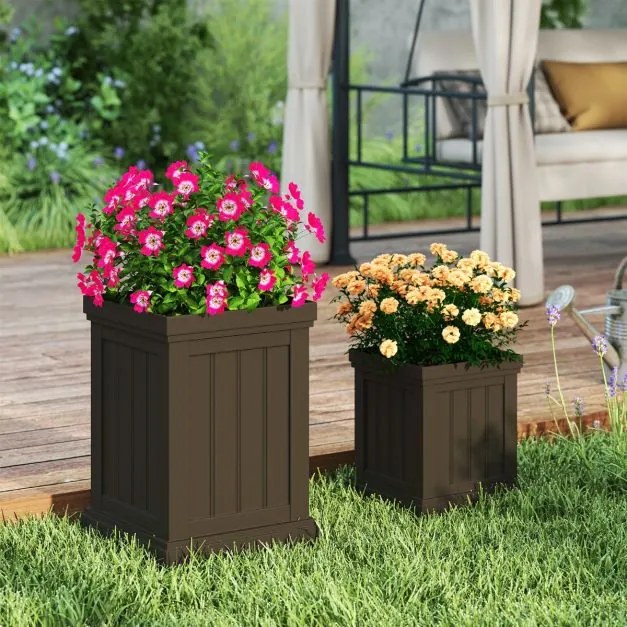 Conjunto de 2 vasos quadrados para flores de plástico com orifícios de drenagem e design empilhável para varanda, jardim Castanho