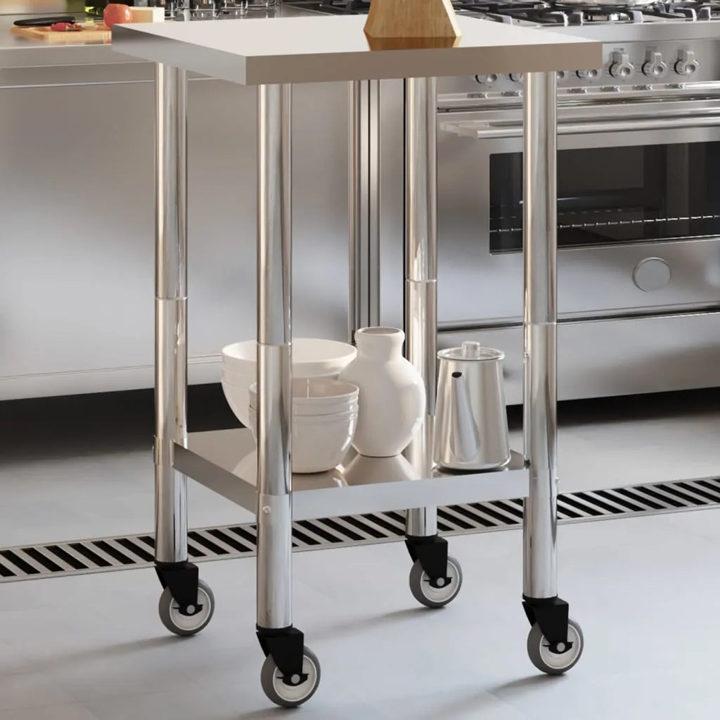 vidaXL Mesa de trabalho de cozinha c/ rodas 55x55x85 cm aço inoxidável
