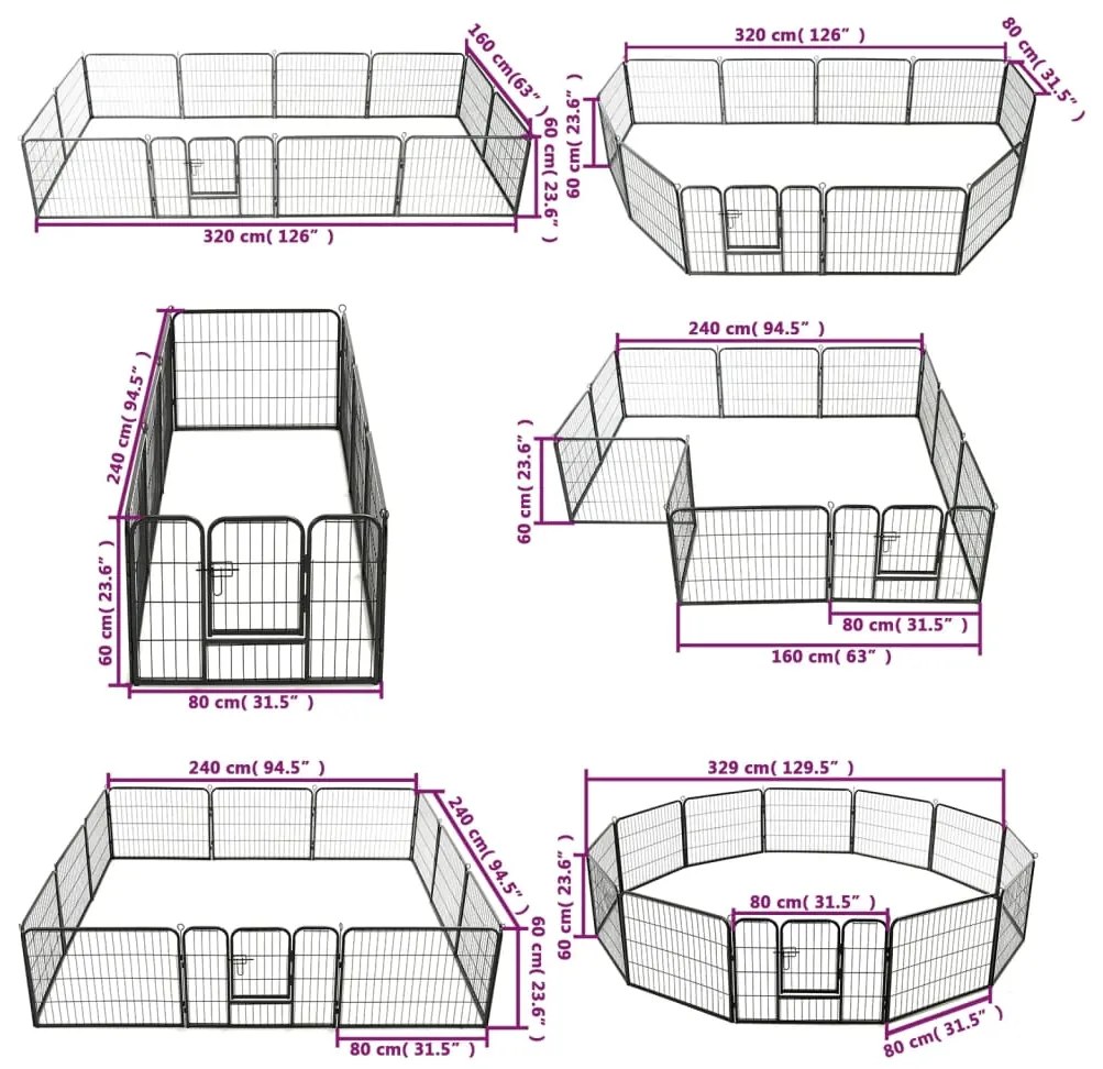 Parque para cães 12 painéis aço 80x60 cm preto