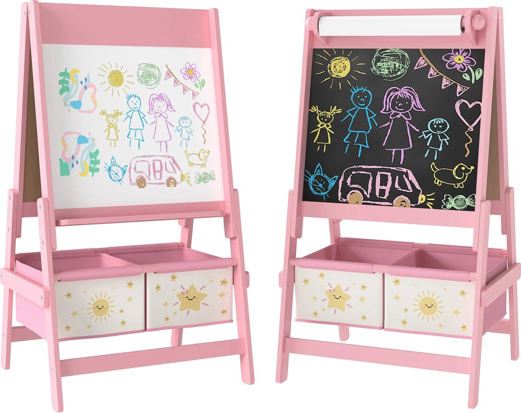 Quadro infantil 3 em 1: cavalete infantil de dupla face, quadro preto e branco, com rolo de papel, 54 x 46 x 94 cm, cor-de-rosa
