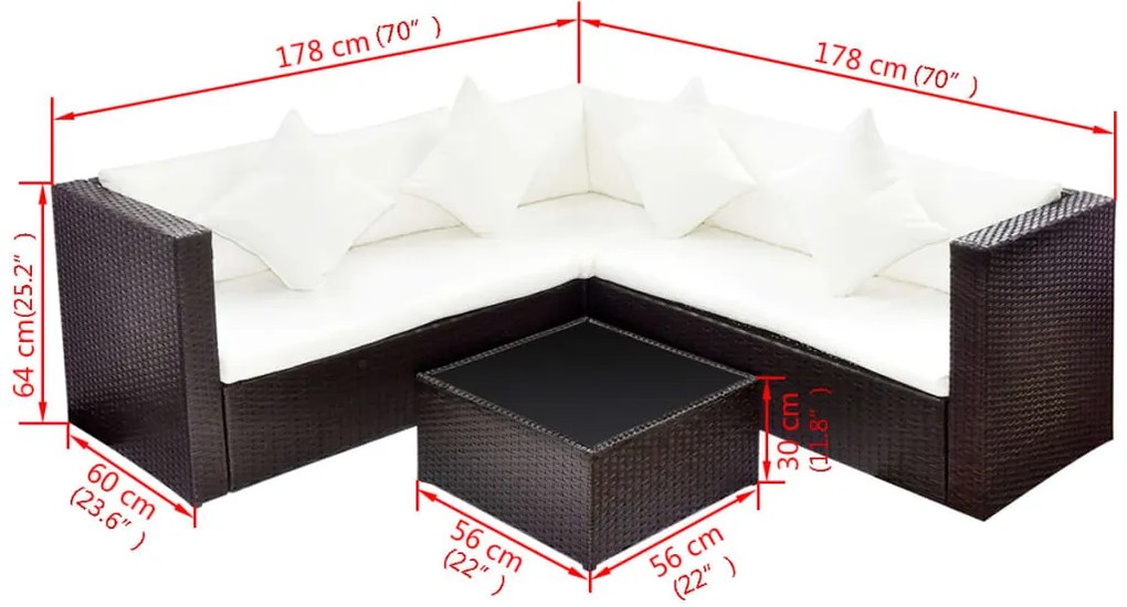 4 pcs conjunto lounge jardim c/ almofadões vime PE castanho