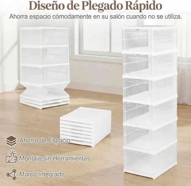 Caixas de sapatos dobráveis, 6 níveis, em plástico, com porta basculante, portáteis, para entrada, armário transparente + branco
