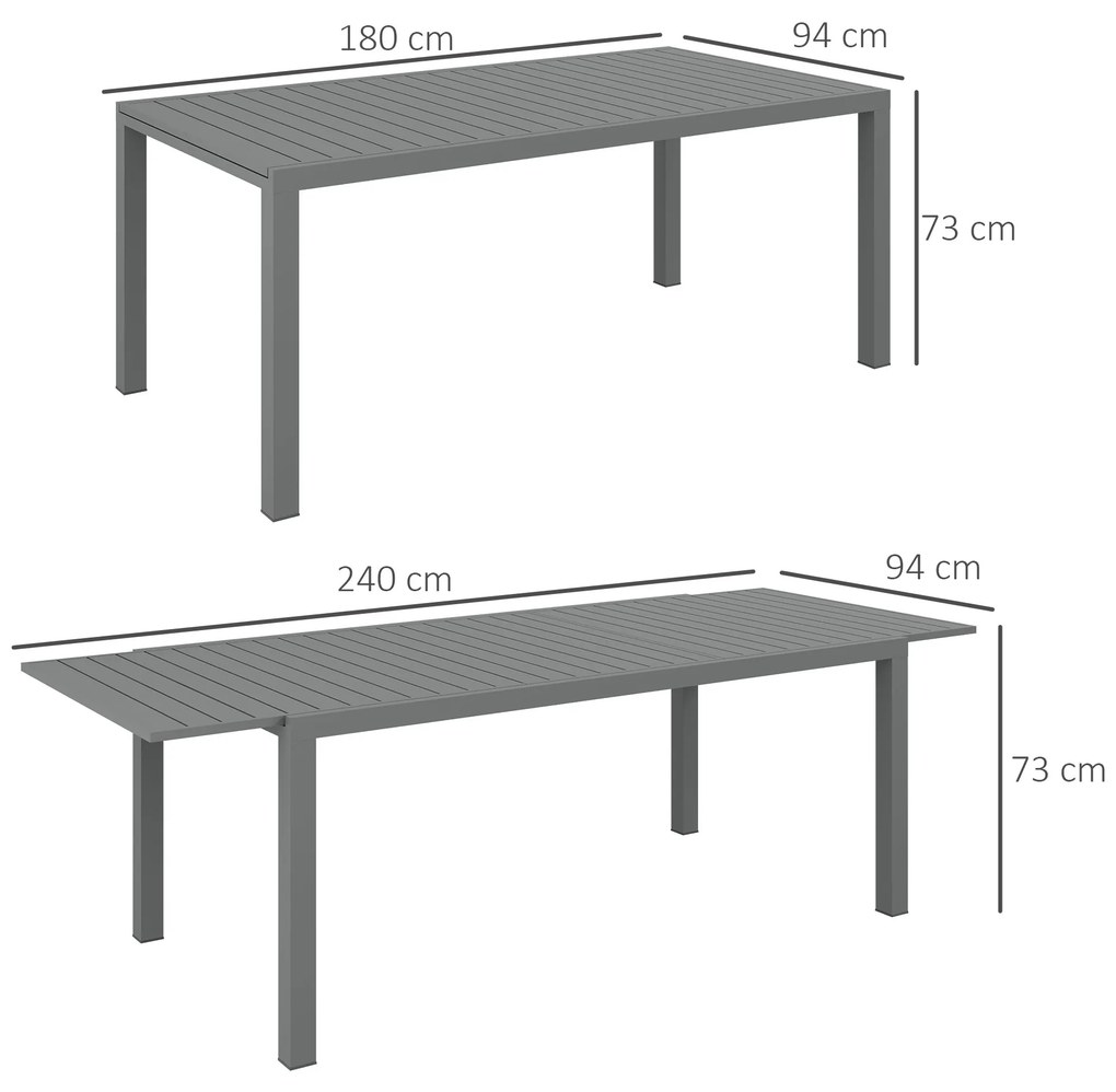 Mesa de Jardim Extensível Mesa de Terraço Retangular para 6-8 Pessoas Capacidade 50 kg 180/240x94x73 cm Cinza Escuro