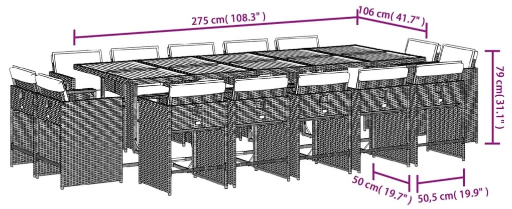 15 pcs conjunto jantar p/ jardim c/ almofadões vime PE cinzento