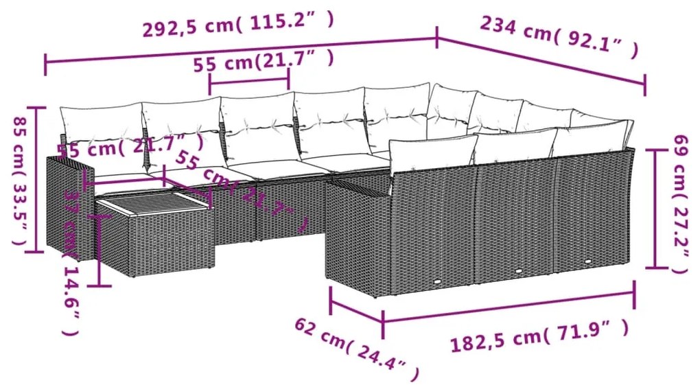 11 pcs conjunto sofás de jardim c/ almofadões vime PE cinzento