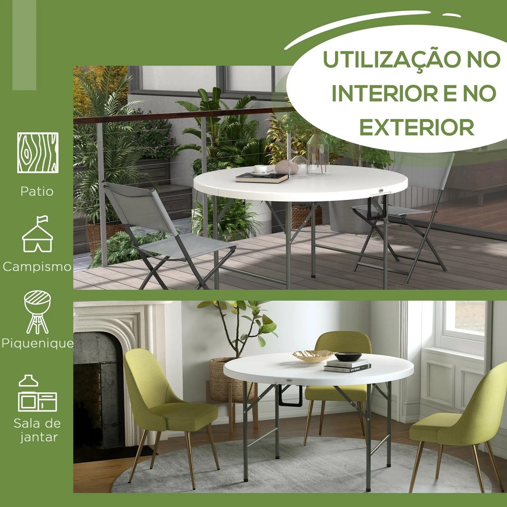 Mesa de Jardim Redonda Mesa de Varanda Dobrável com Estrutura de Aço e Bancada de HDPE Ø122x73 cm Branco