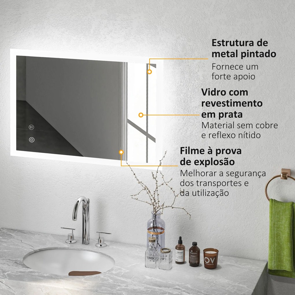 kleankin Espelho Casa de Banho com Luzes LED 70x50 cm Espelho de Pared