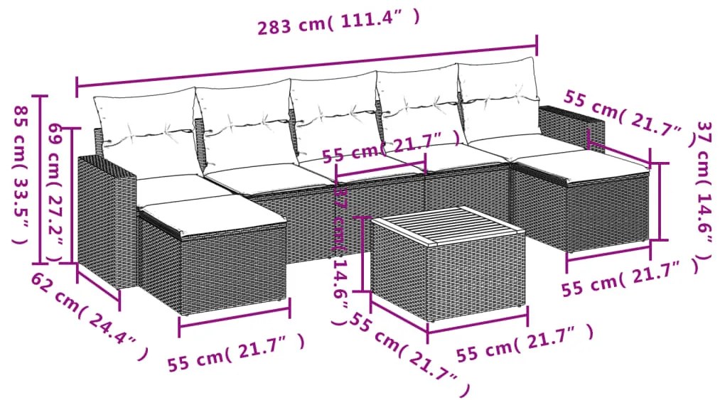 8 pcs conjunto sofás de jardim com almofadões vime PE preto