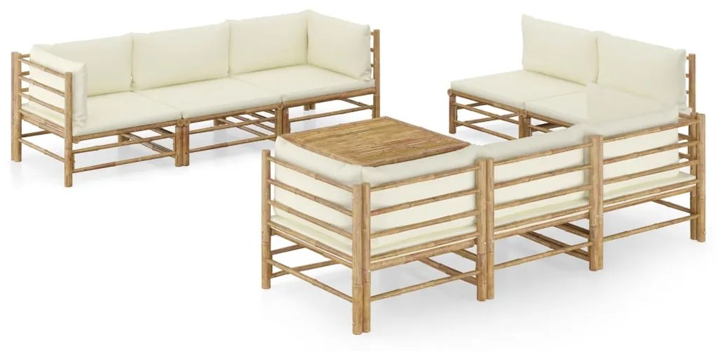 vidaXL 9 pcs conj. lounge p/ jardim em bambu c/ almofadões branco nata