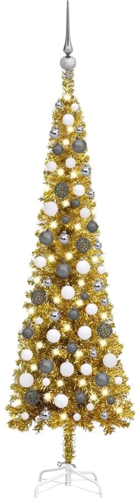 3078126 vidaXL Árvore de Natal fina com luzes LED e bolas 120 cm dourada