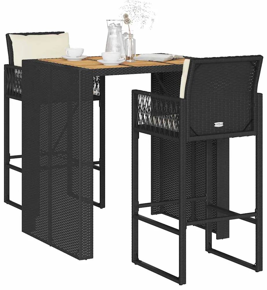 vidaXL 3 pcs conjunto de bar jardim c/ almofadões vime PE/acácia preto