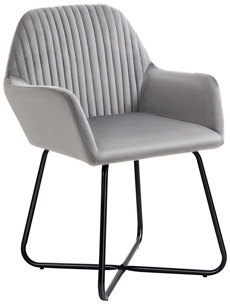 Cadeira de Sala de Jantar Estofada em Veludo com Base Metálica Cruzada Cadeira de Leitura 60x56,5x85 cm Cinza