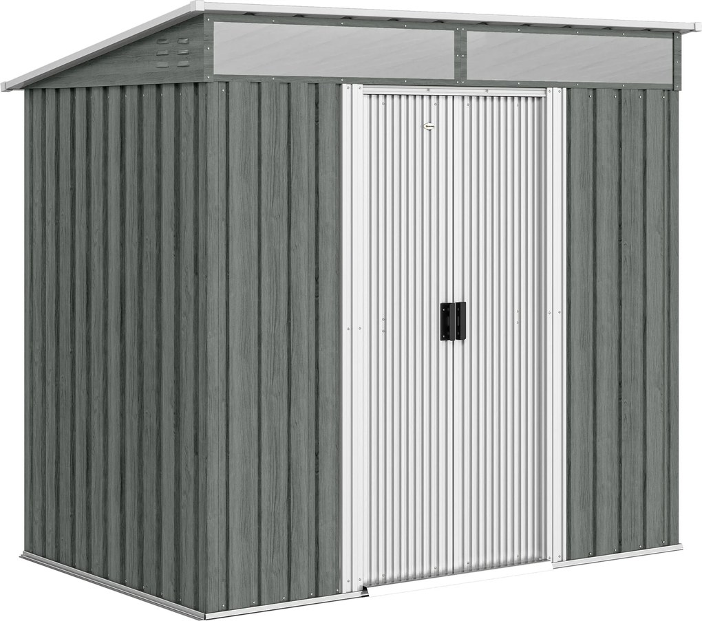 Outsunny Abrigo de Jardim Exterior 2 m² 195x122x181,5 cm Abrigo Metálico com Base SEM CHÃO 2 Portas de Correr Janelas Cinza Claro | Aosom Portugal