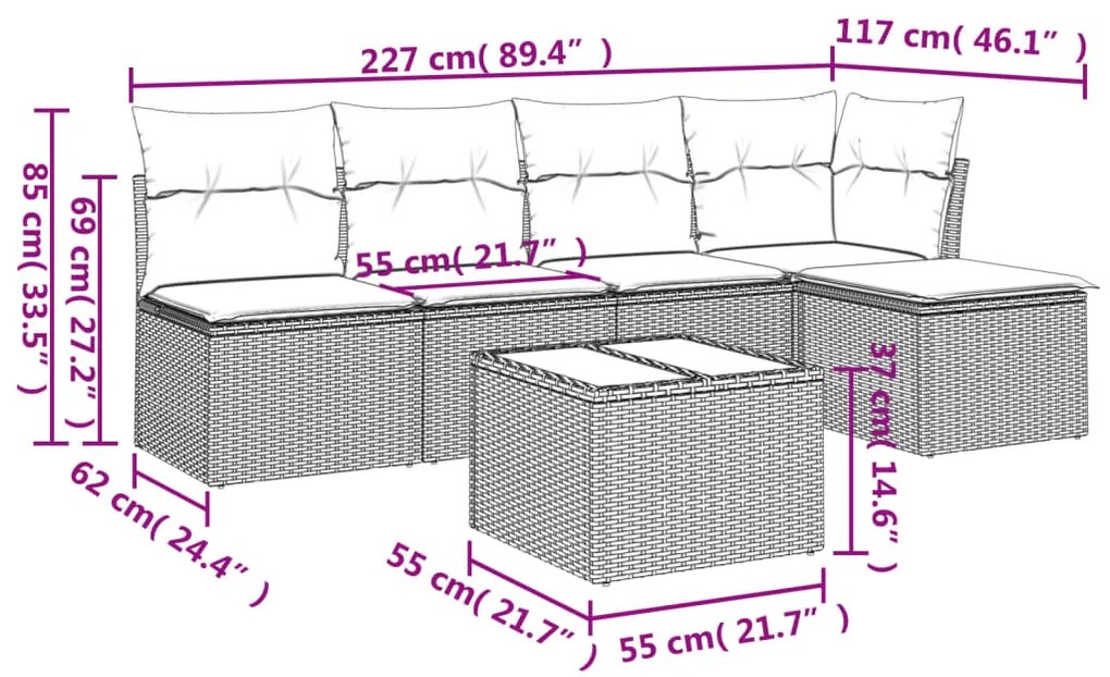 6 pcs conjunto sofás de jardim com almofadões vime cinzento