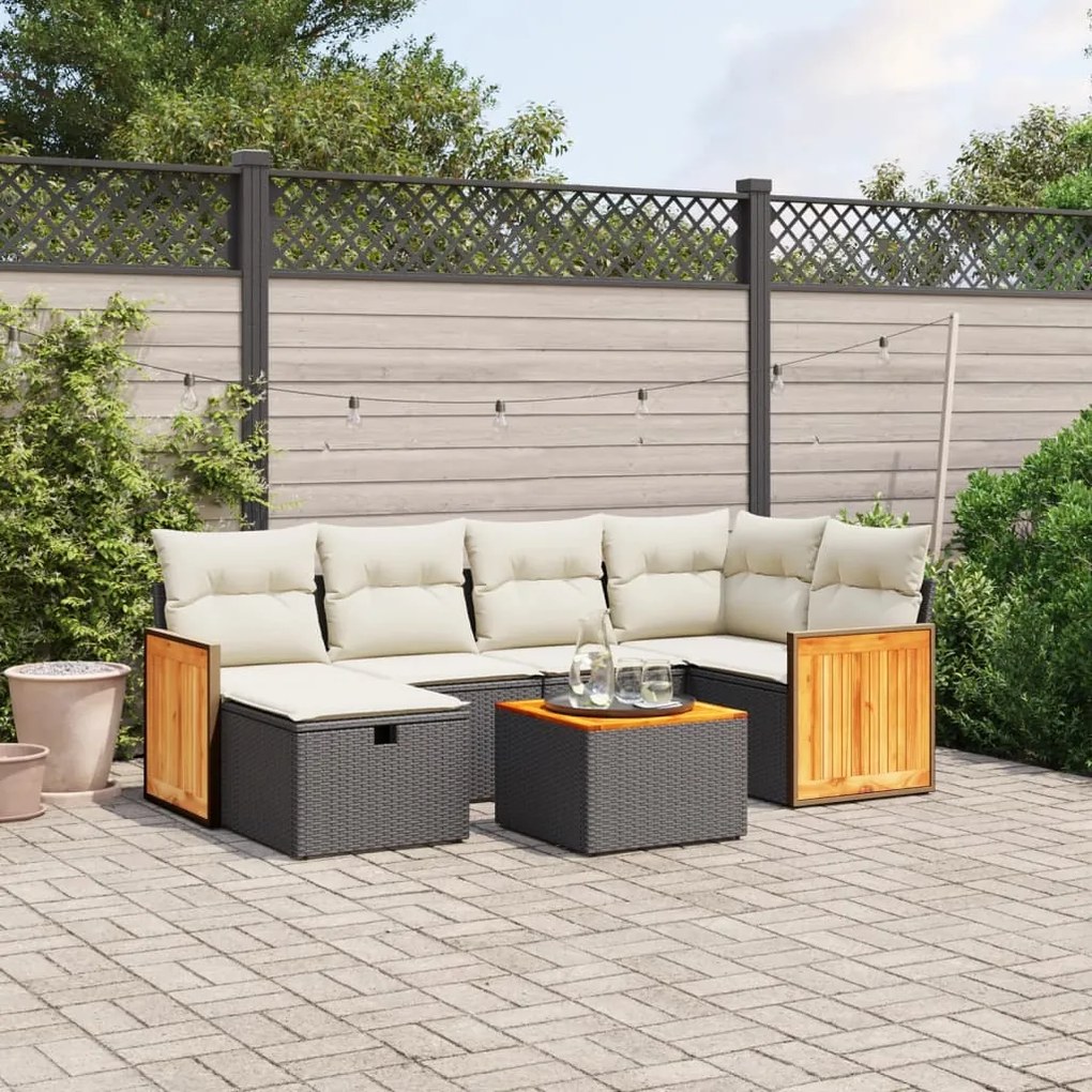vidaXL 7 pcs conjunto de sofás p/ jardim c/ almofadões vime PE preto