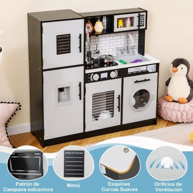 Cozinha de brincar para crianças com forno, máquina de lavar, micro-ondas, dispensador, sons e luzes. Brinquedo simbólico de chef para crianças com ma
