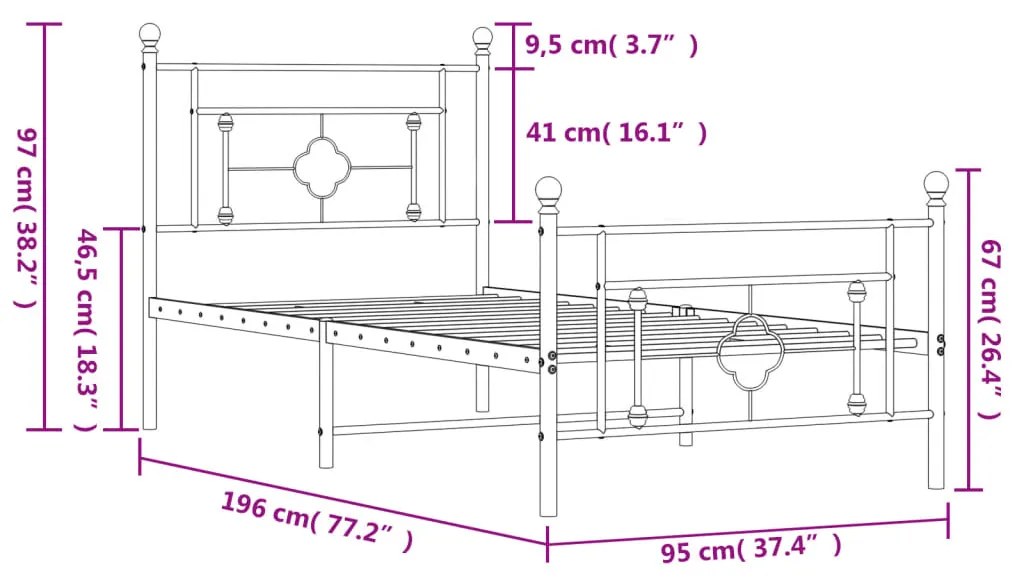 Estrutura de cama com cabeceira e pés 90x190 cm metal preto