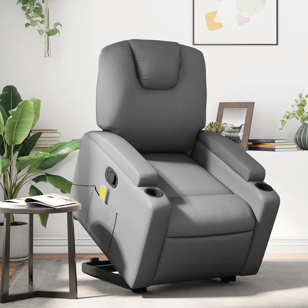 vidaXL Poltrona massagens reclinável elevatória couro artif. cinzento