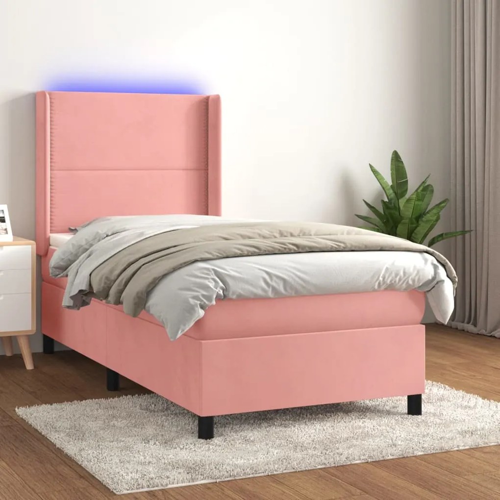 Cama box spring c/ colchão/LED 90x190 cm veludo rosa