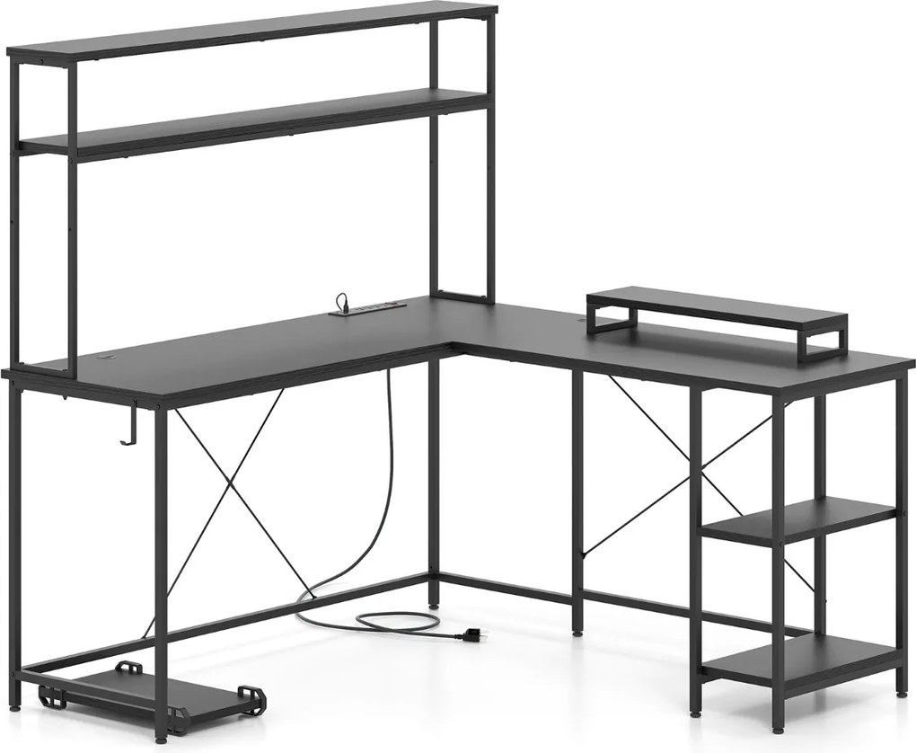 Secretária 145 x 145 x 147 cm em forma de L convertível com tomadas e portas USB e iluminação inteligente preta