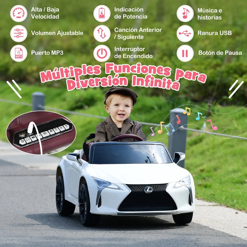 Carro elétrico para crianças Lexus com licença oficial com bateria 12V e controlo remoto 2.4G Luzes LED brilhantes e música Branco